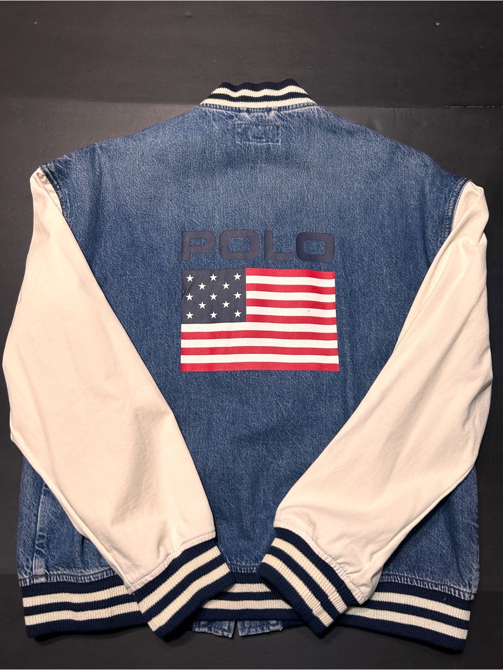 Polo Ralph Lauren American Flag Denim Varsity Jacket Womens Size L